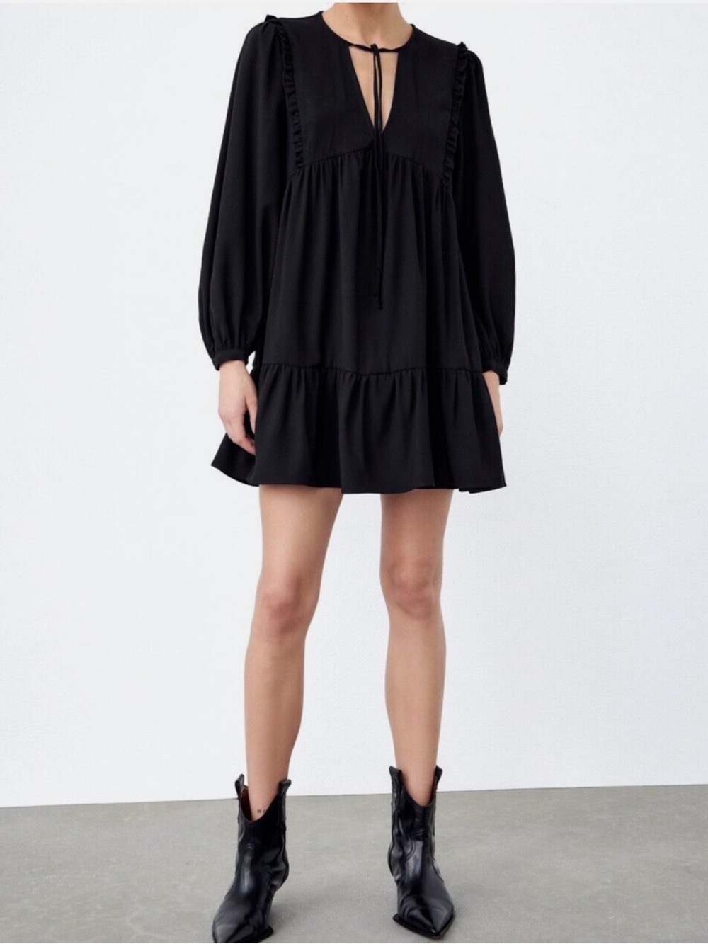 Zara Black Long-Sleeve Ruffled Mini Dress with Tie Neck